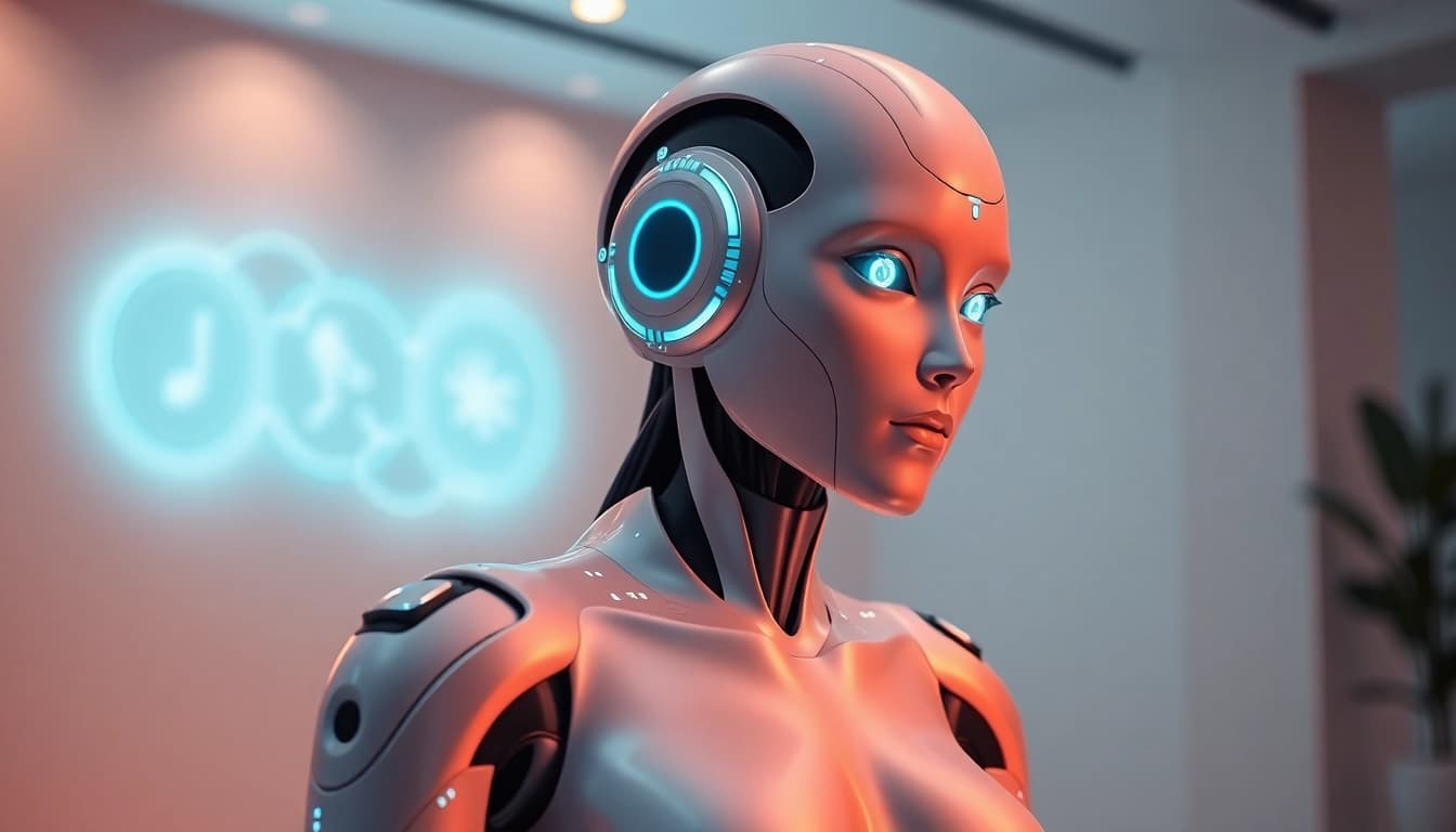 Humanoid sex bot showcasing advanced AI technology in a modern ambiance.