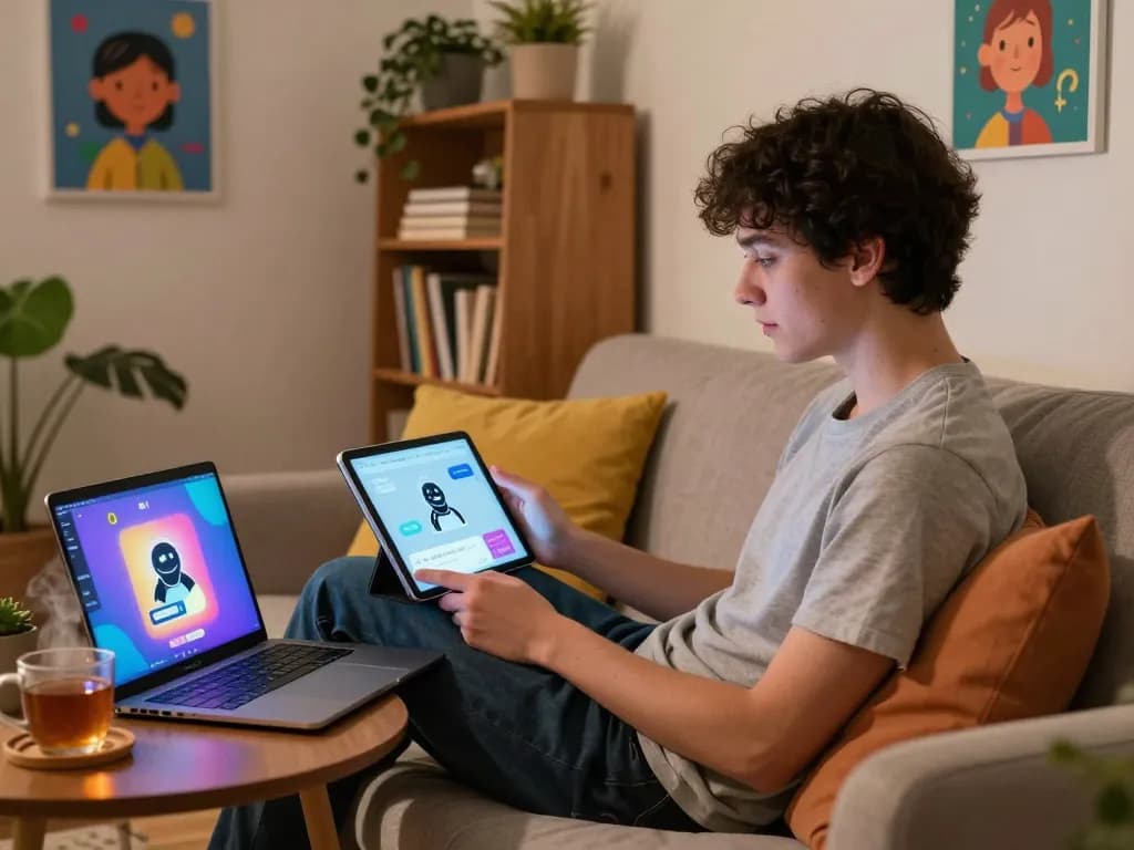 Engaging with a cozy ai 18+ chatbot experience in a vibrant room setting.
