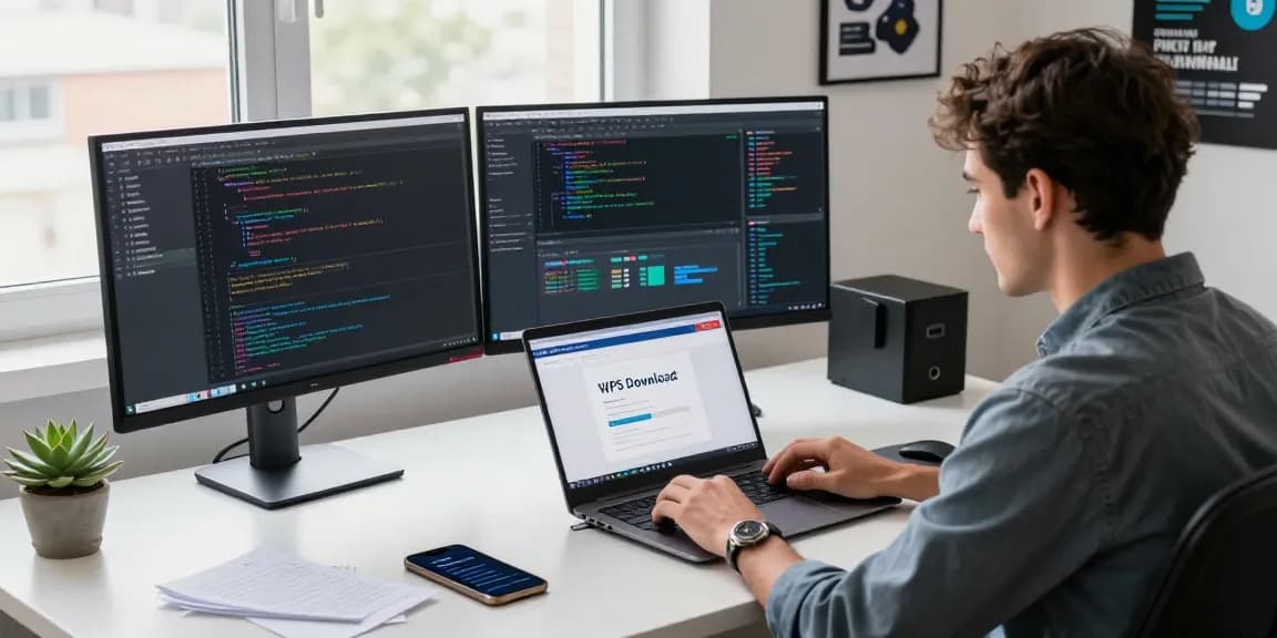 Professional workspace showing software developer engaging with the WPS Download interface on a laptop.