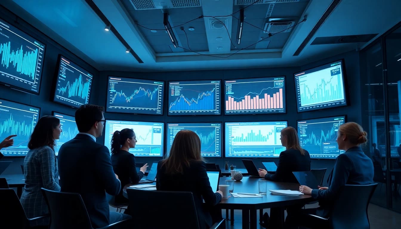 Dynamic professional meeting focused on Dagens finansnyheter with diverse participants analyzing financial data.