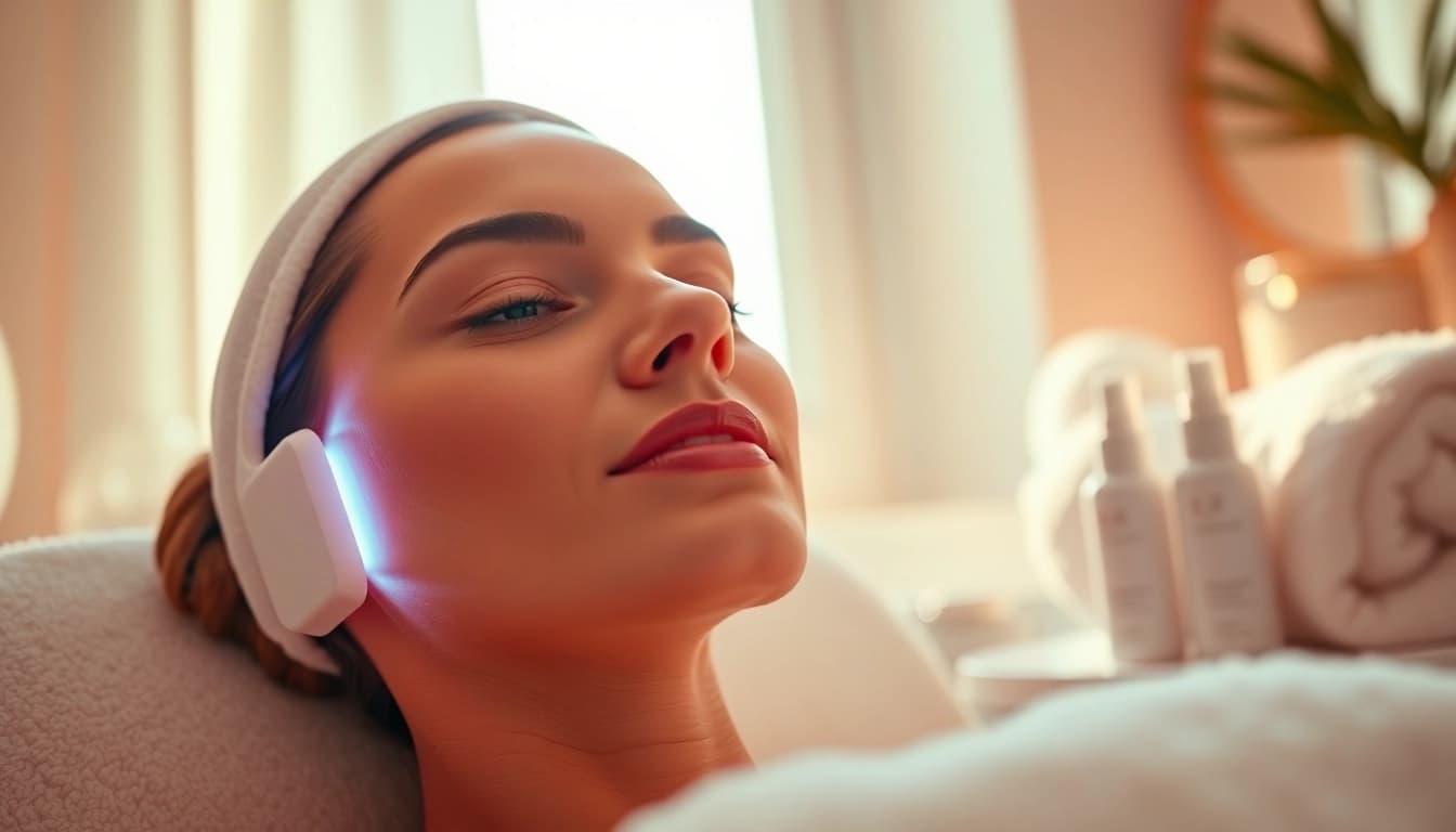 Woman using a led ansiktsmask in a serene skincare setting for rejuvenation.