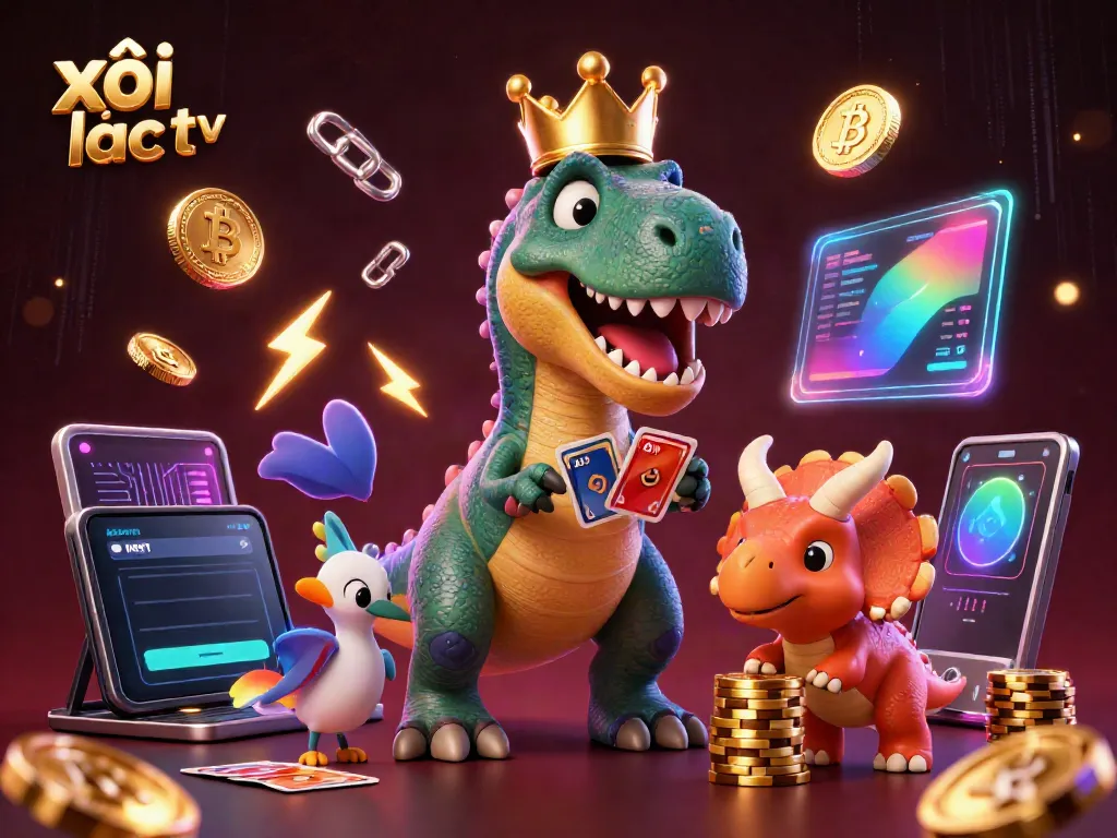 Experience thrilling gameplay with xôi lạc tv as T-Rex shuffles cards amidst vibrant gambling elements.