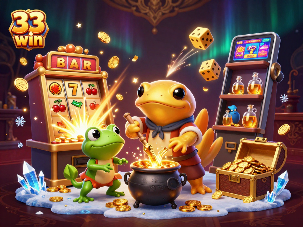 33 win slots and casino magic depicted with gold coins and vibrant characters.