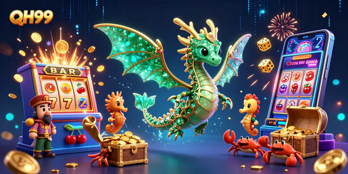 Experience vibrant gameplay at QH99, highlighted by a colorful casino scene featuring slot machines and animated characters.