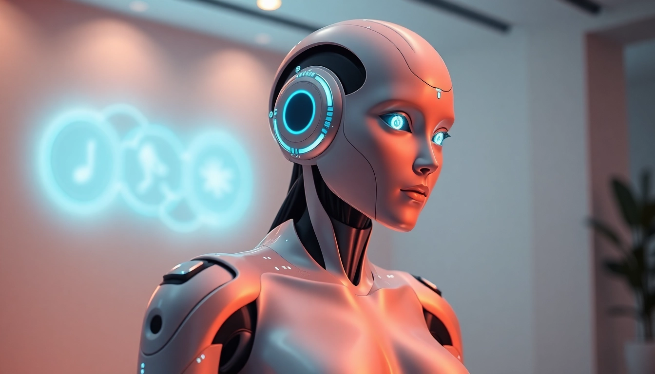 Humanoid sex bot showcasing advanced AI technology in a modern ambiance.