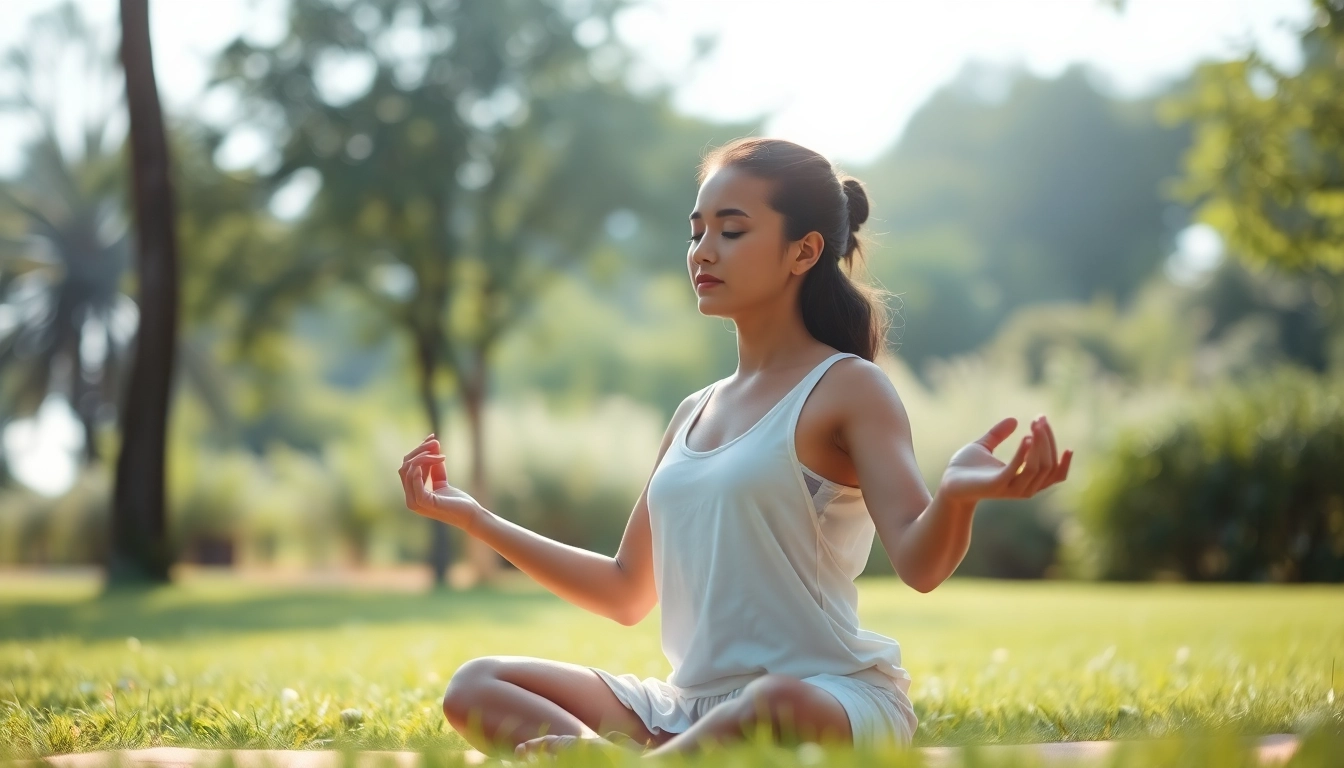 Practice mental health tips in a tranquil outdoor setting with a person meditating peacefully.