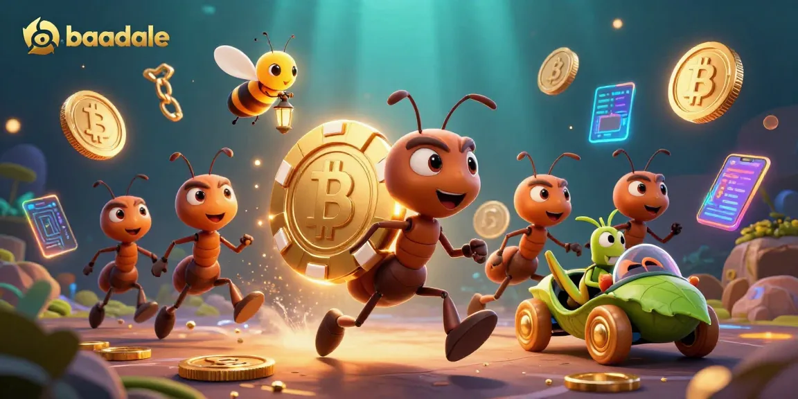 Here, ants from Baadale village carry a giant poker chip, highlighting a community spirit in a vibrant casino setting.