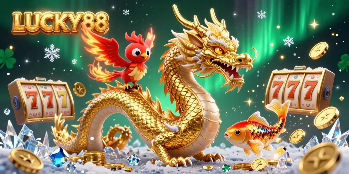 Spin to win with LUCKY88: A dazzling slot spectacle featuring a golden dragon, phoenix, and koi fish.