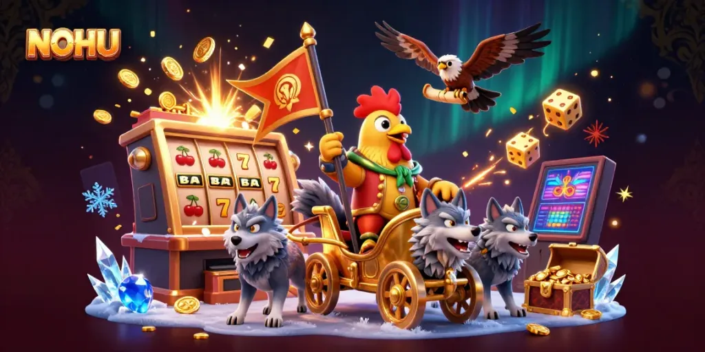 NOHU's dynamic gaming experience showcases vibrant casino elements with a rooster warlord and golden treasures.