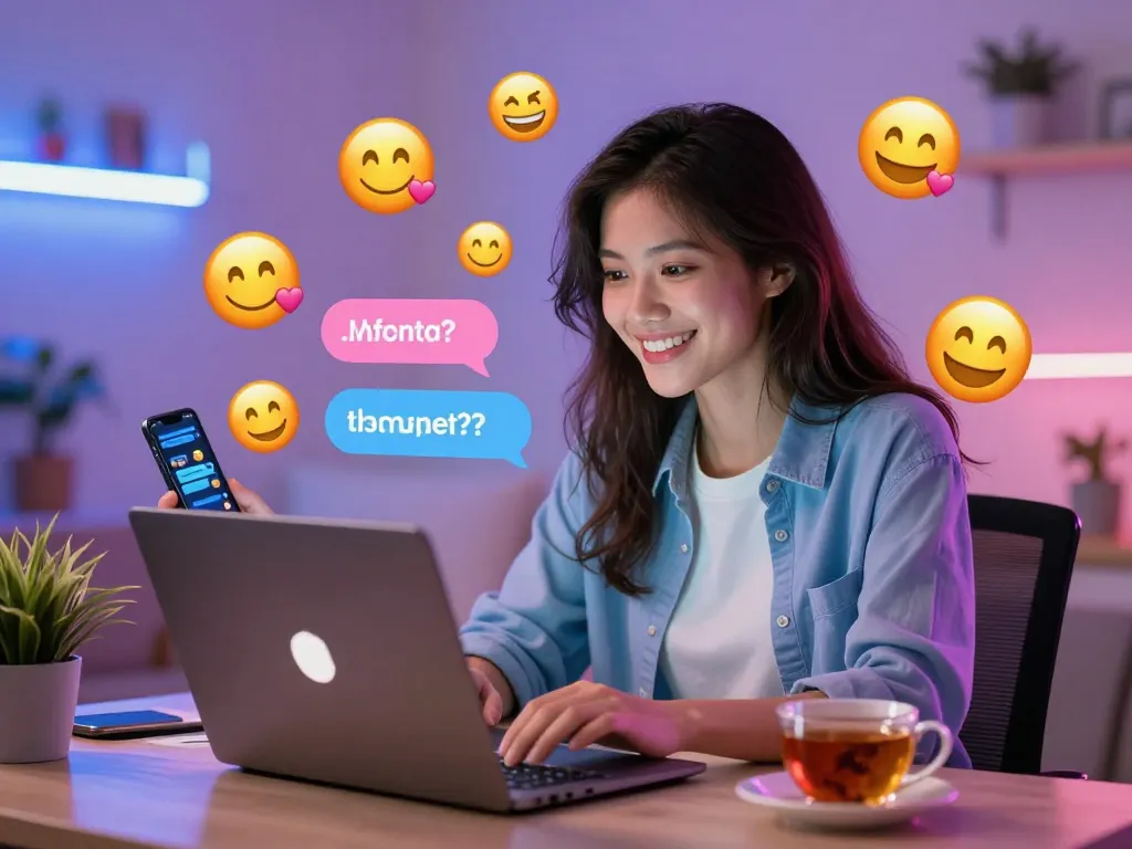 Engaging woman using porn chat AI on laptop in a vibrant digital workspace