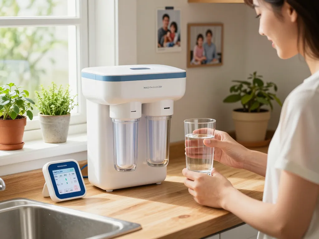 Husägaren kontrollerar NW25 Trio UV 25W vattenfilter för https://vattenfilterspecialisten.se/vattenfilter-egen-brunn/ medan han njuter av kristallklart vatten i ett mysigt kök.