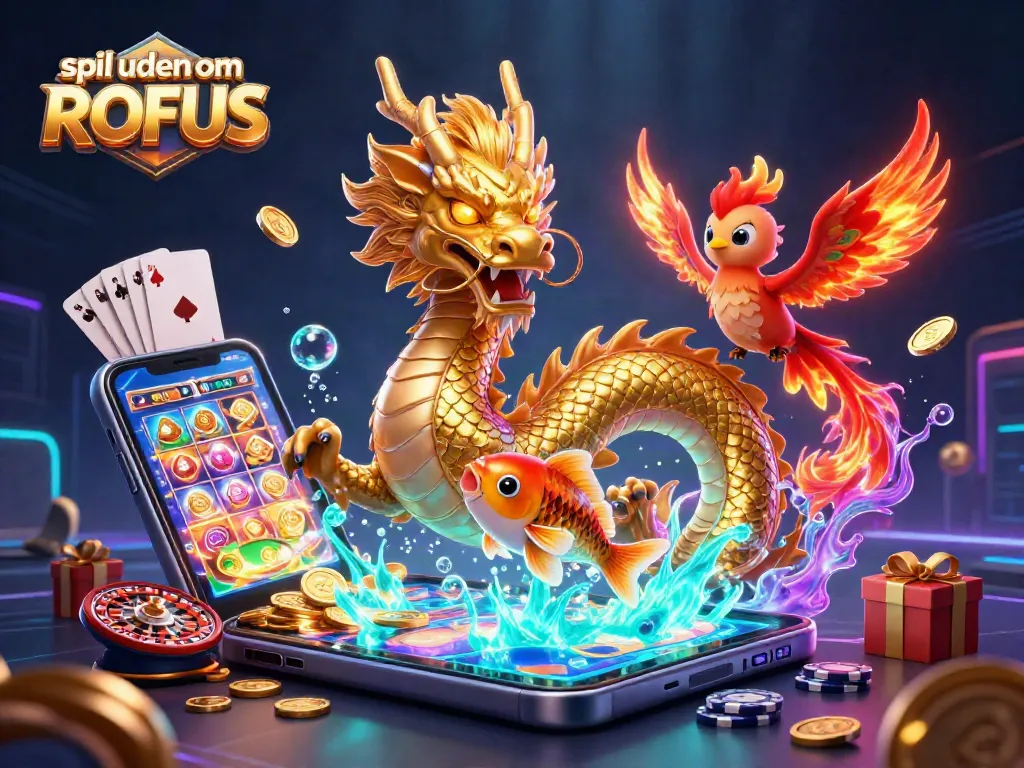Engage in emocionante spil uden om ROFUS with golden dragon, phoenix, and koi fish in lively casino scene.