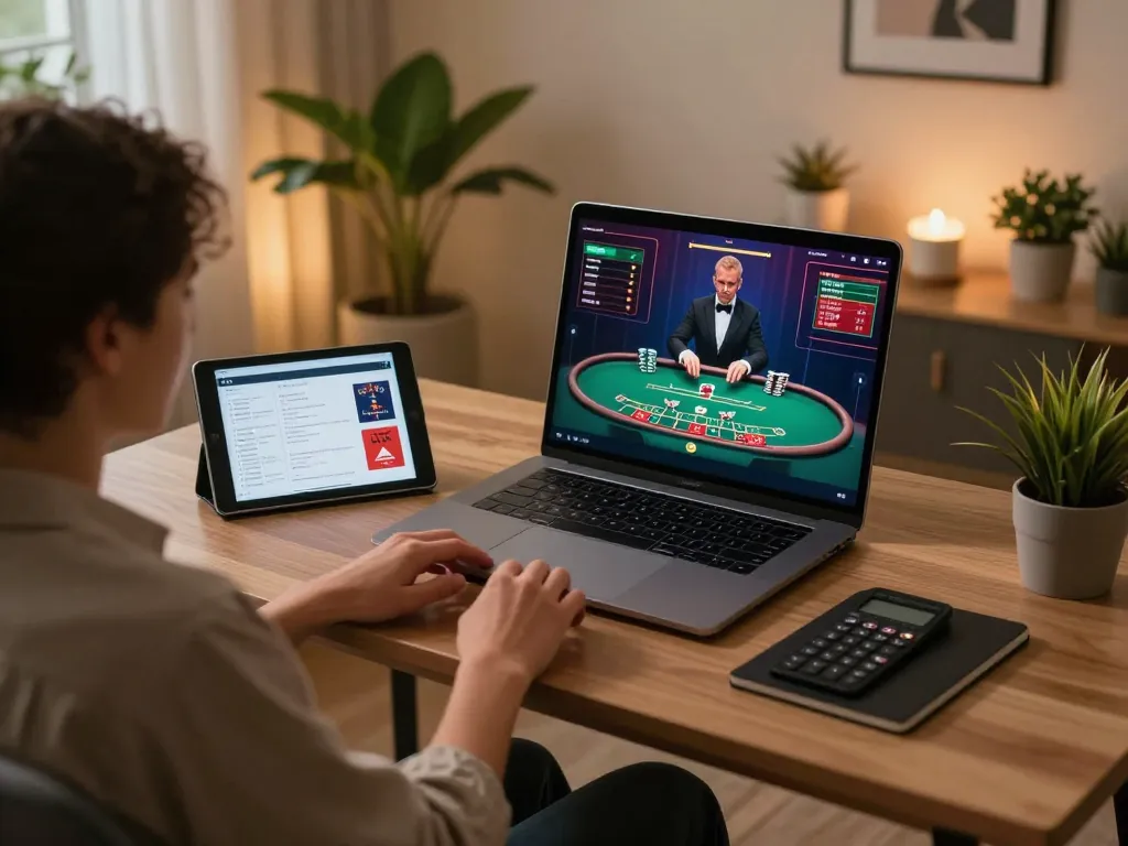 Engaging in live dealer blackjack via CM88, showcasing a stylish home gaming setup.