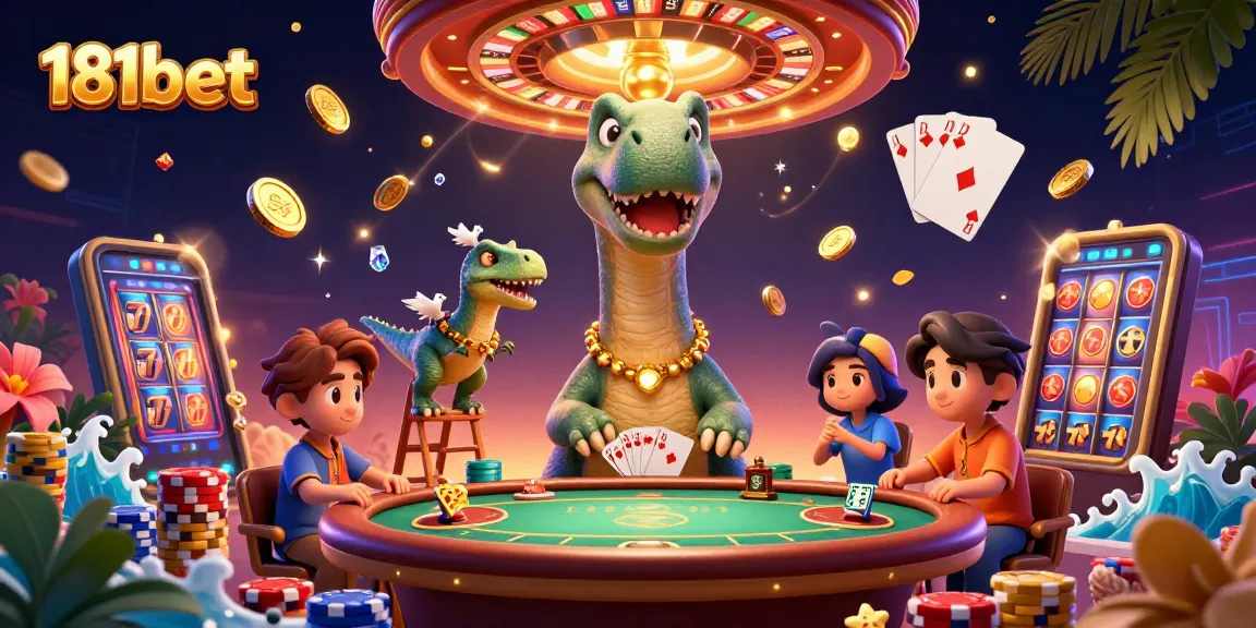 Experience the thrill of 181bet with dynamic casino elements including a giant brontosaurus.