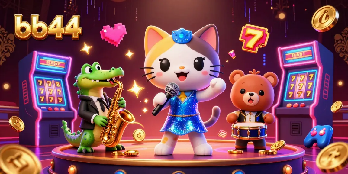 Engage in exciting gameplay with bb44, showcasing vibrant characters and slot machines in this rich casino scene.