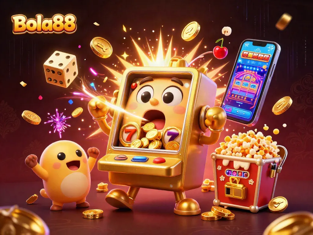Bola88's vibrant jackpot scene featuring a golden slot machine and cheerful elements celebrating wins.