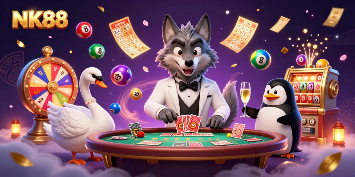 Experience excitement with NK88 as a debonair wolf plays baccarat with a swan dealer.