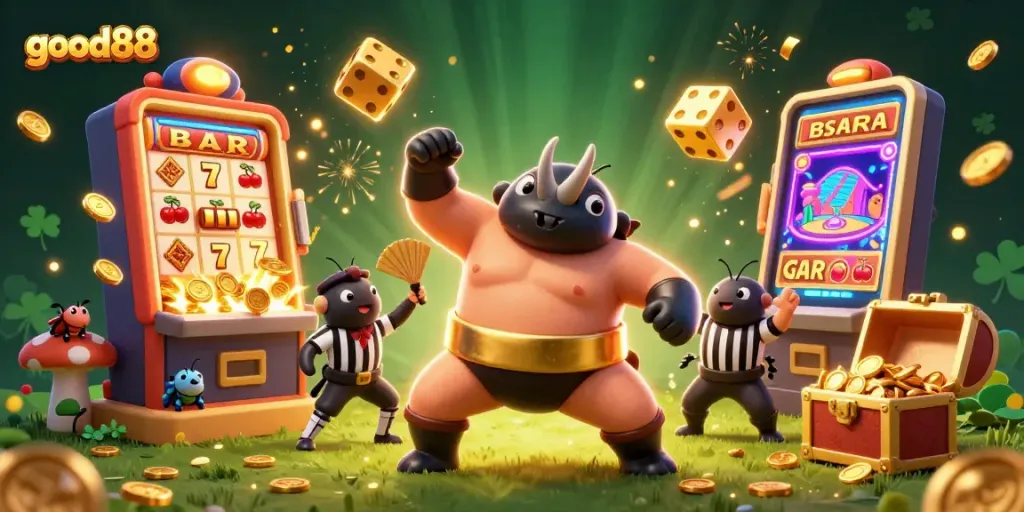 Experience the thrill of good88 with a vibrant 3D illustration featuring a sumo beetle champion amidst bursting slot jackpots and winning symbols.