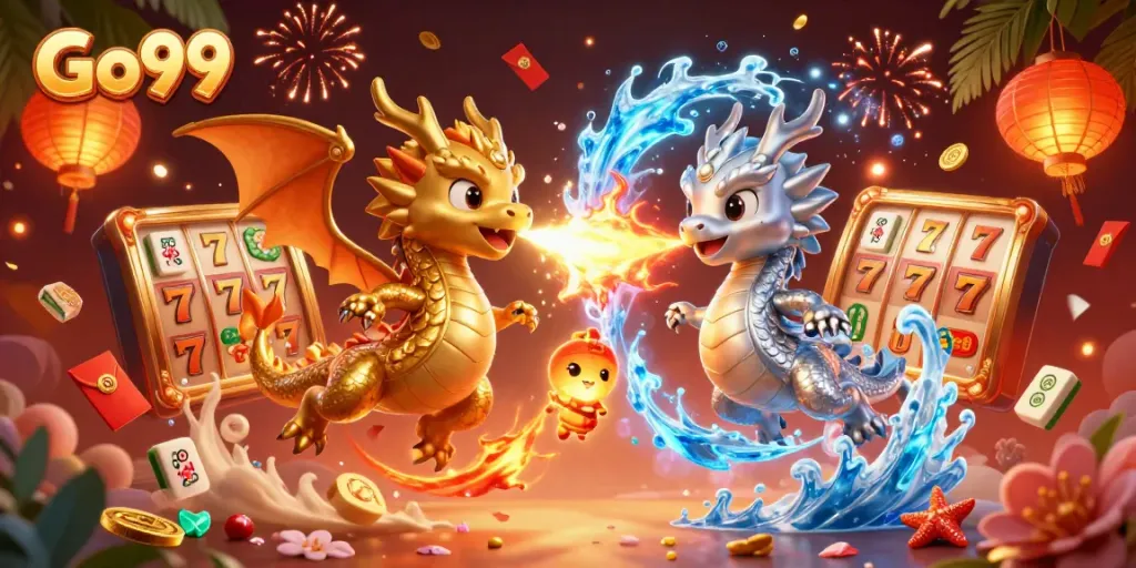 Engage with Go99 in this lively scene featuring golden and silver dragons amidst vibrant gambling elements.