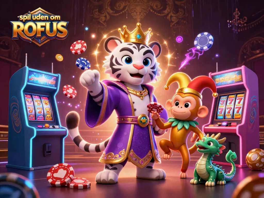 Experience spil uden om ROFUS with a vibrant 3D casino scene featuring a white tiger, golden monkey, and jade dragon.