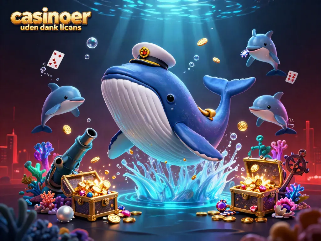 Engaging scene of casinoer uden dansk licens with a cartoon whale and playful dolphins surrounded by treasure and poker chips.