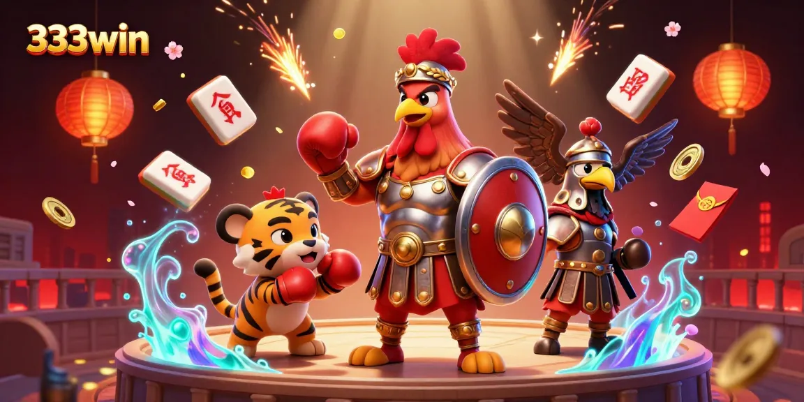 Engage in thrilling action with 333win as gladiator rooster battles with luck in a vibrant casino arena.