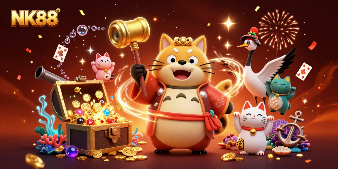 Experience the excitement of NK88 with our cheerful tanuki and lucky symbols, celebrating in a vibrant casino scene.