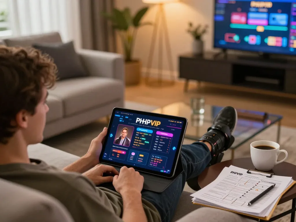 Engaging moment with a player using PHPVIP on a tablet at home, highlighting an immersive online casino experience.