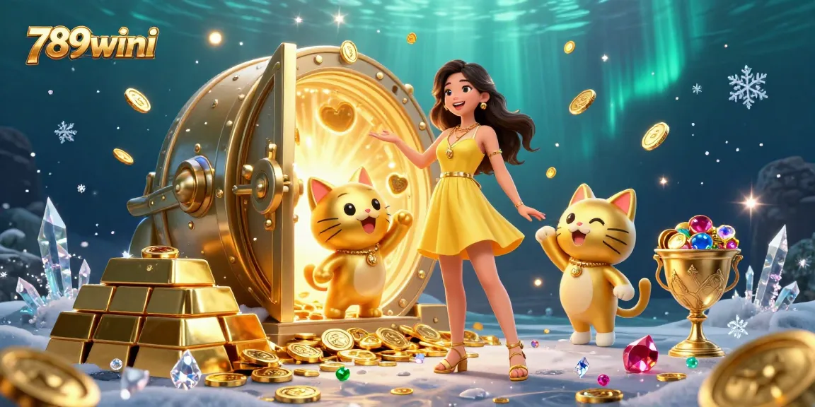 Engage with 789wini in this vibrant casino illustration featuring a cheerful Asian woman and a golden lucky cat amidst scattered treasures.