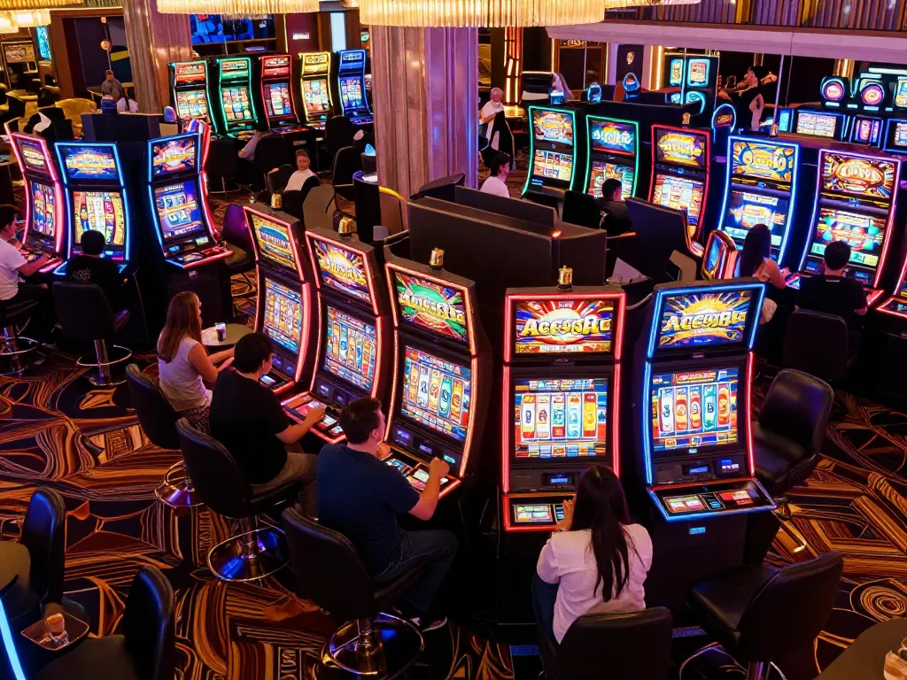 Experience the energy of Ace96au Casino's lively slot machine area filled with eager players.