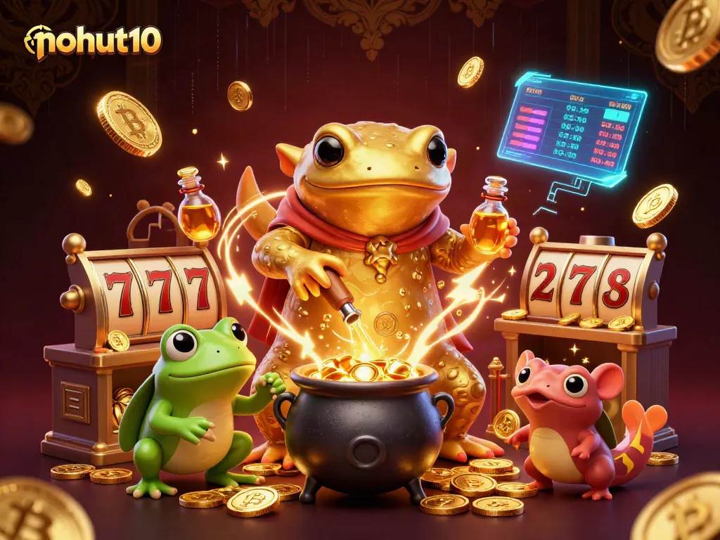 Experience nohut10's thrilling jackpot wins with golden coins and exciting slot reels in this vibrant 3D scene.