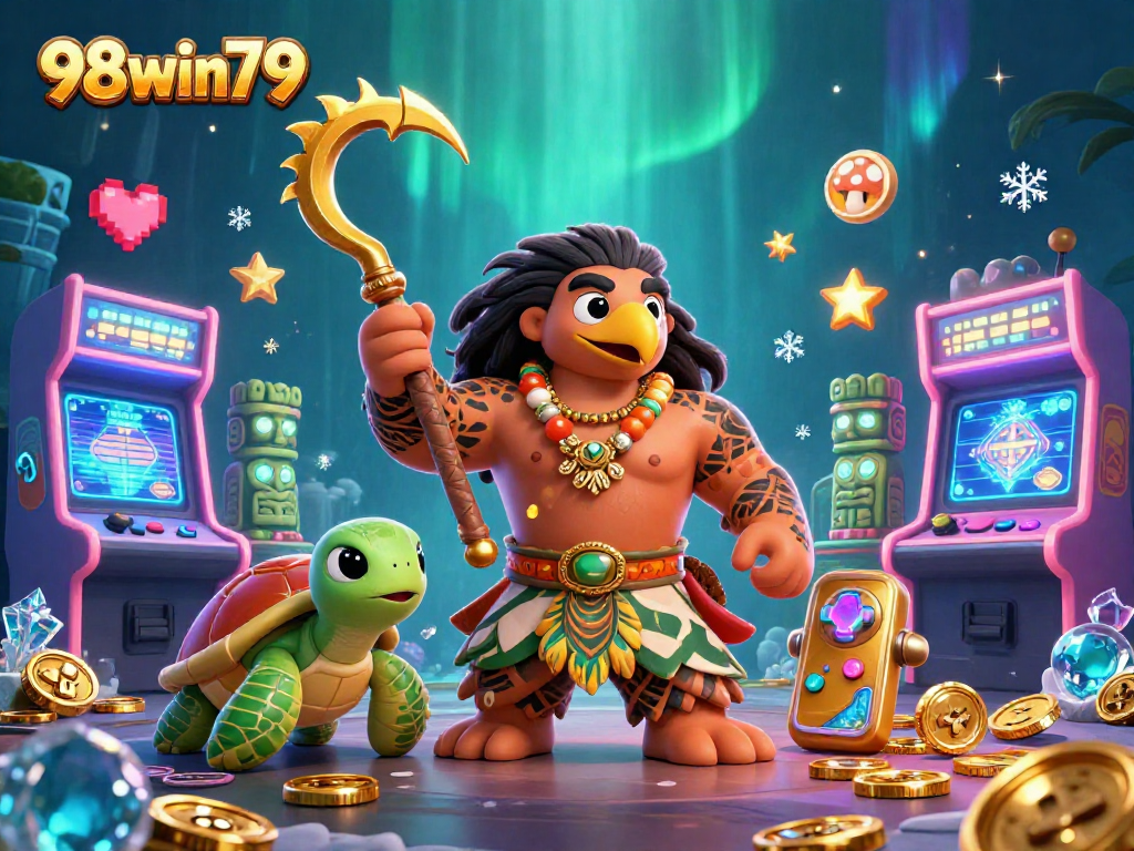 Engage in epic gameplay adventures at 98win79 with a lively 3D casino scene featuring vibrant characters.