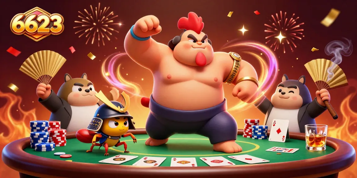 Intense action at 6623 casino with powerful characters and vibrant poker visual elements.