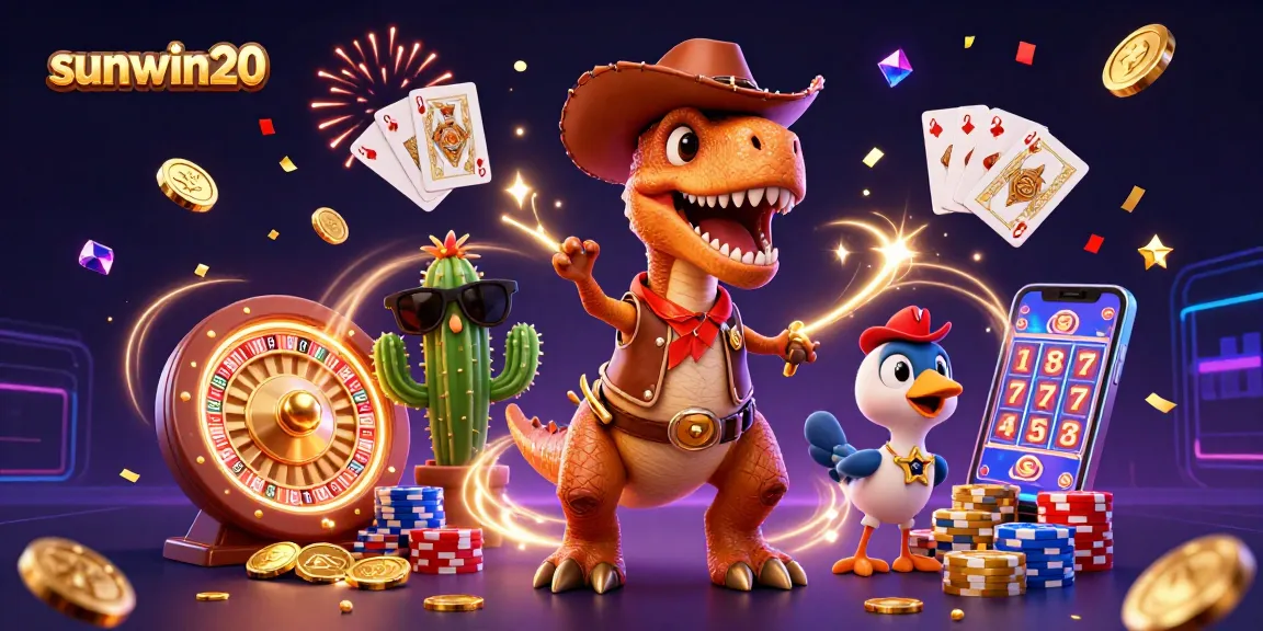 Experience the excitement of sunwin20 with a vibrant casino scene featuring a T-Rex cowboy and colorful game elements.