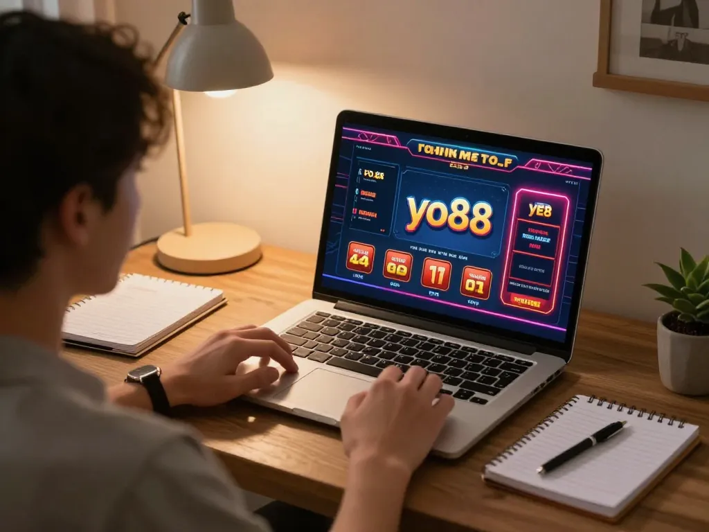 Playing yo88 online casino game at home with a laptop, creating a cozy and strategic gaming atmosphere.