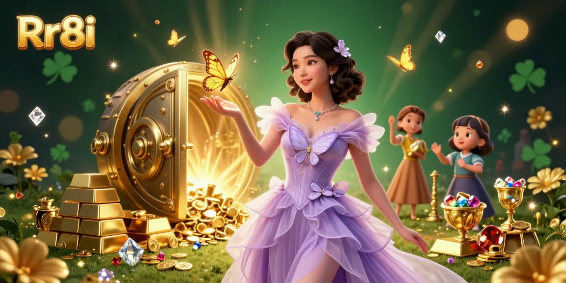 Experience thrilling gameplay at Rr8i with gold treasures and dynamic casino elements in a stunning 3D illustration.