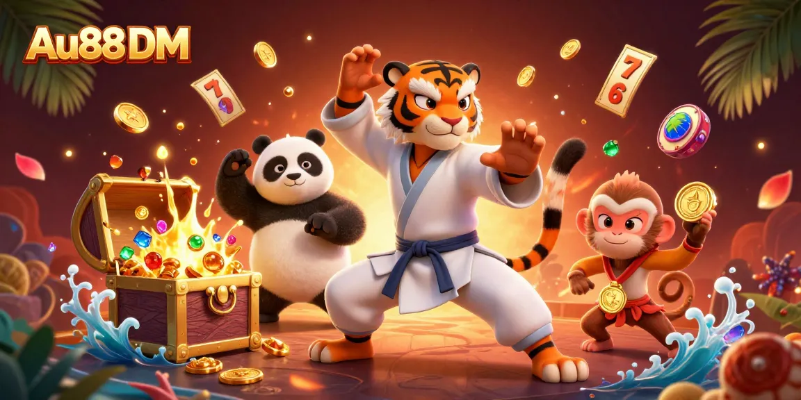 Engage with the thrilling world of Au88 DM in a vibrant casino scene enriched with gold coins and slot reels.
