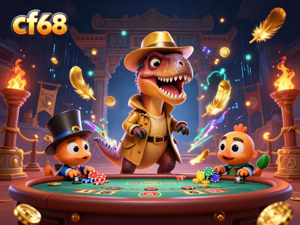 cf68 showcases a 3D velociraptor card counter amid a vibrant casino scene, emphasizing excitement.