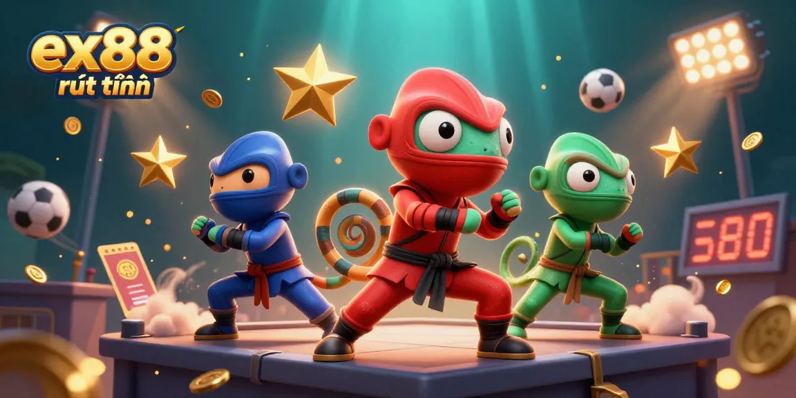 Play to win with ex88 rút tiền in this vibrant 3D casino scene featuring chameleons and sports elements.