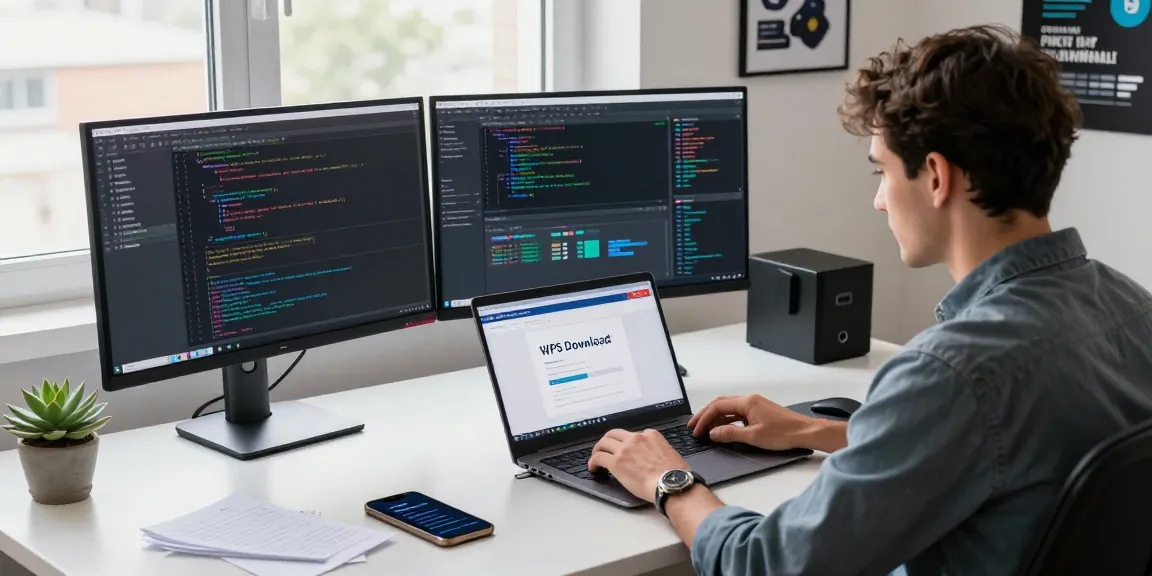 Professional workspace showing software developer engaging with the WPS Download interface on a laptop.
