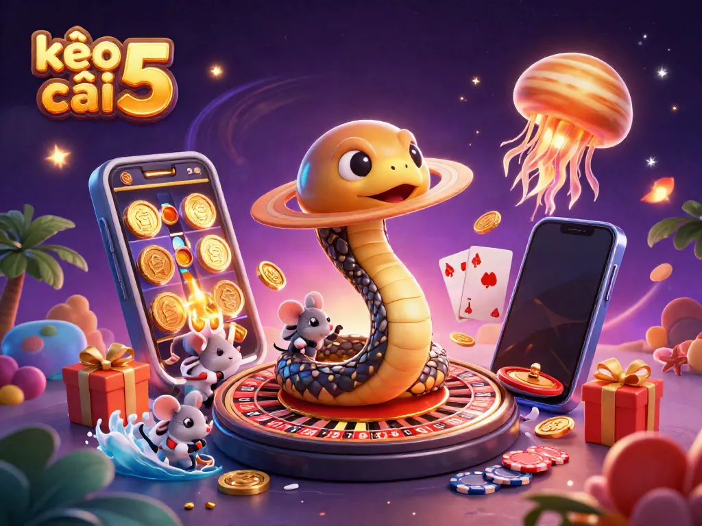 Engaging scene of space-themed gambling featuring kèo nhà cái 5 with Saturn snake, betting mice, and cosmic dealer.