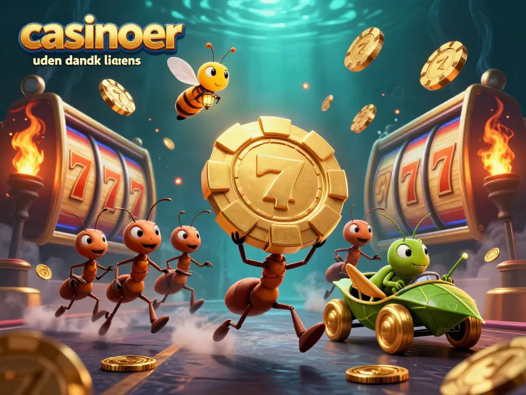 Engage in casinoer uden dansk licens with a dynamic heist scene featuring ants, chips, and a grasshopper driver.