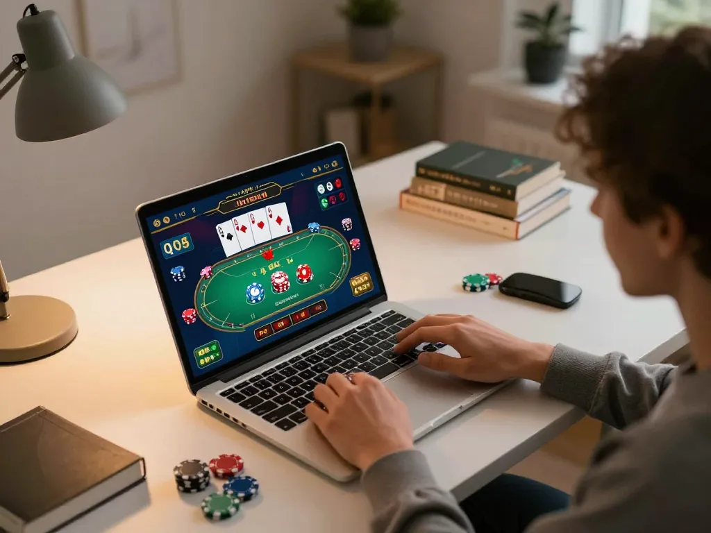 Engaging online poker gameplay on a laptop while using okfun casino app showcasing active betting.
