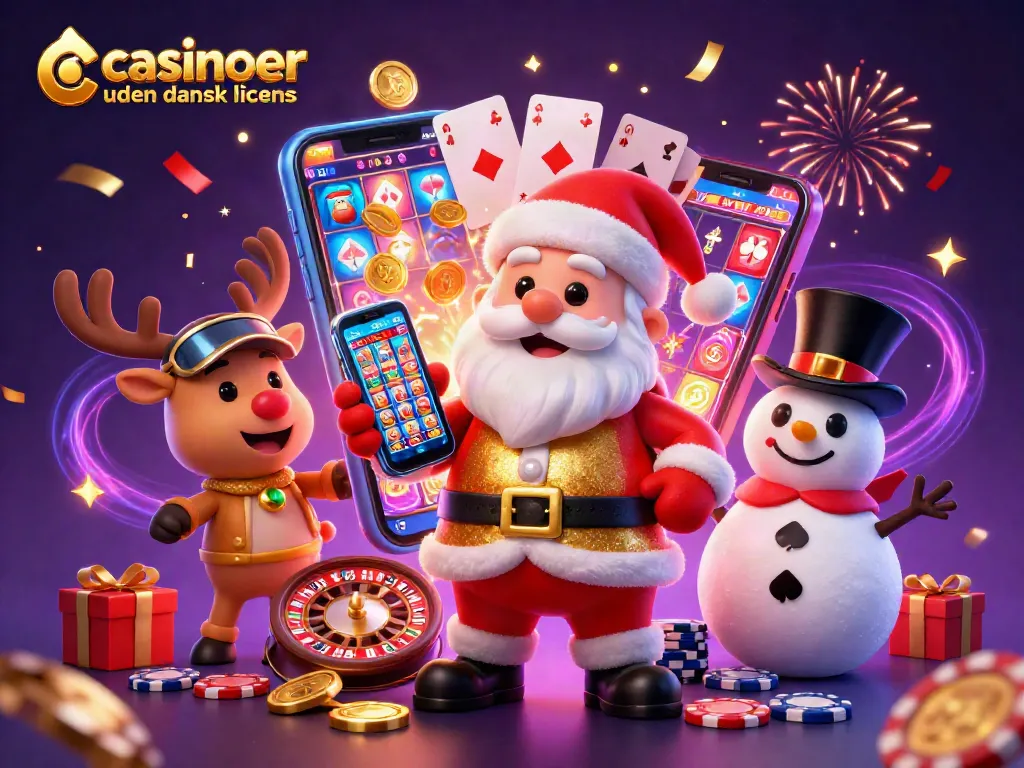 Engaging illustration of casinoer uden dansk licens featuring Santa, his reindeer, and a snowman celebrating gaming.