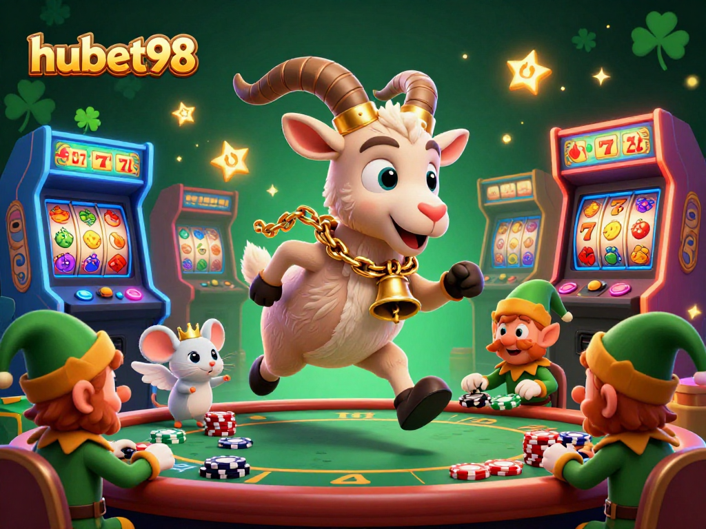 Spin and win at hubet98 with a lively casino scene featuring playful characters and slot machines.