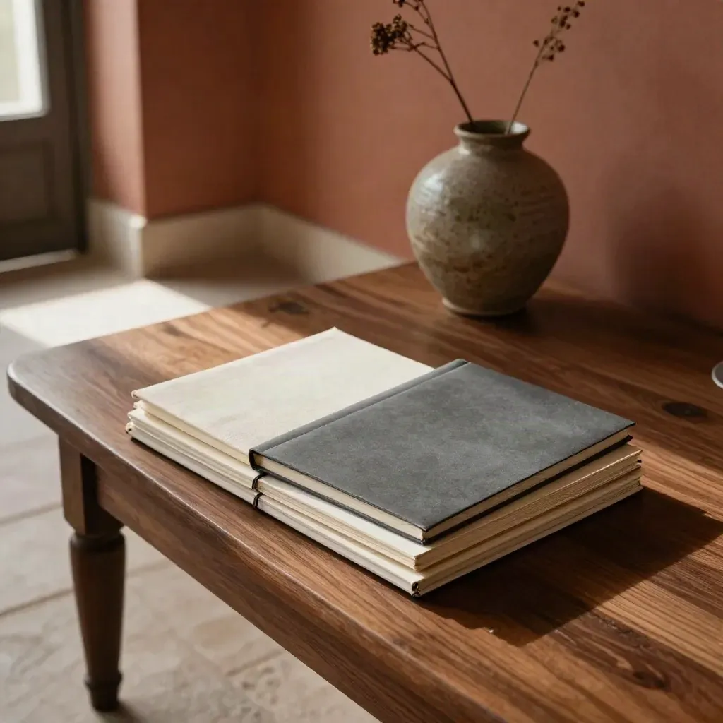 Mörkt möteshörn med tre notepads, stängd mapp och vas på sideboard.