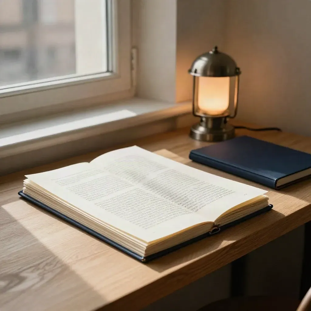 Svenskt webbtext-corner med anteckningsbok, manusblad och liten lampa i varmt dagsljus.