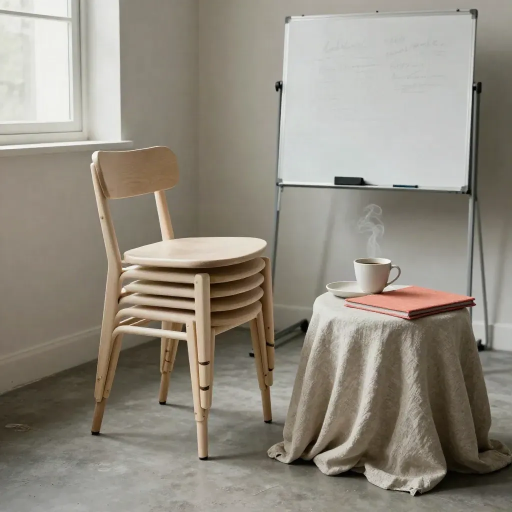 Tomt workshoprum med staplade stolar, whiteboard och ett linnetäckt bord i mjukt dagsljus.