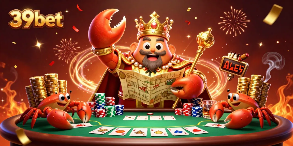 Experience thrilling gameplay at 39bet with a vibrant casino scene featuring a crab emperor and poker elements.