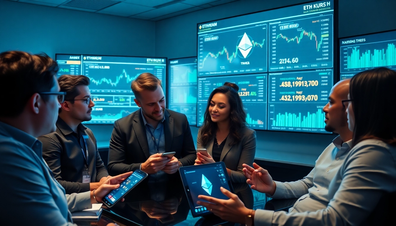 ETH kurs analysis in a modern trading environment with diverse professionals discussing cryptocurrency.